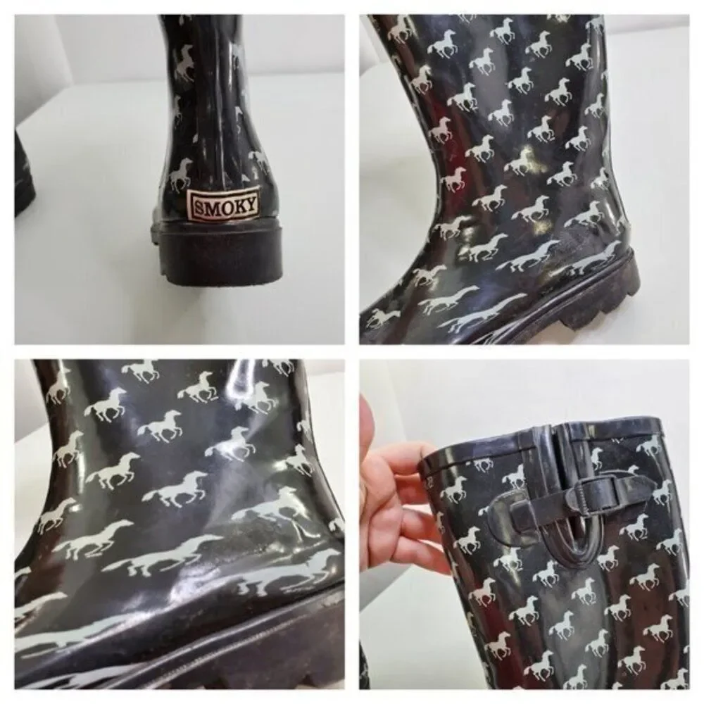 Smoky Mountain Rain Boots 9‎ Horses Black White Tal